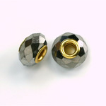 Glass Faceted Bead with Large Hole Gold Plated Center - Round 14x9MM HEMATITE