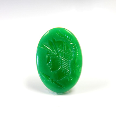 Glass Flat Back Intaglio - Warrior Head Oval 25x18MM  CHRYSOPHRASE Left Facing