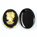 German Glass Engraved Cameo Pendant - Oval 34x26MM GOLD no JET