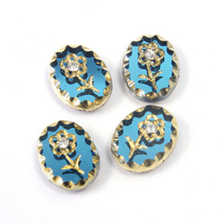 Glass Flat Back Engraved Intaglio Flower with Chaton - Oval 10x8MM GOLD on AQUA