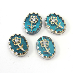 Glass Flat Back Engraved Intaglio Flower with Chaton - Oval 10x8MM GOLD on BLUE ZIRCON