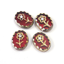 Glass Flat Back Engraved Intaglio Flower with Chaton - Oval 10x8MM GOLD on RUBY