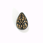 Plastic Engraved Bead - Pear 19x13MM GOLD on JET