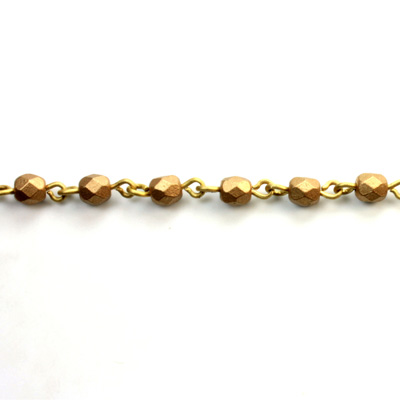 Linked Bead Chain Rosary Style with Glass Fire Polish Bead - Round 4MM MATTE GOLD-Brass