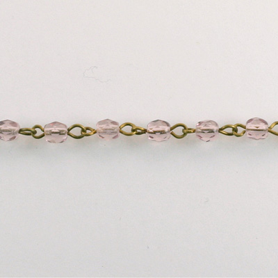 Linked Bead Chain Rosary Style with Glass Fire Polish Bead - Round 4MM LT AMETHYST-Brass