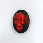 Plastic Cameo - Skull, Laughing Pirate Oval 25x18MM RED ON BLACK