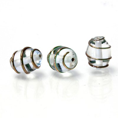 Czech Glass Lampwork Bead - Oval 14x10MM COPPER WRAP EMERALD