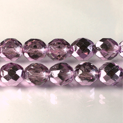 Czech Glass Fire Polish Bead - Round 10MM 1/2 Coated CRYSTAL/LILAC
