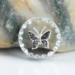 German Glass Engraved Buff Top Intaglio Pendant - Butterfly Round 18MM CRYSTAL SILVER