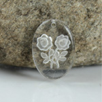 German Glass Engraved Buff Top Intaglio Pendant - 2 ROSES Oval 18x13MM MATTE CRYSTAL
