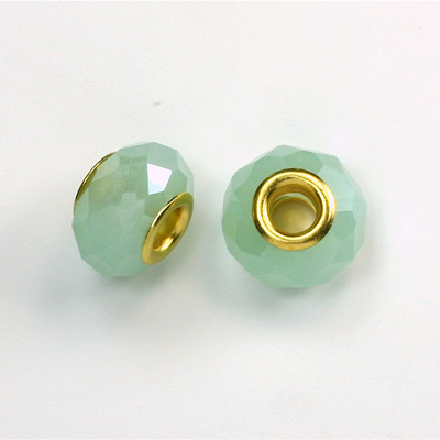 Glass Faceted Bead with Large Hole Gold Plated Center - Round 14x9MM OPAL GREEN
