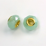 Glass Faceted Bead with Large Hole Gold Plated Center - Round 14x9MM OPAL GREEN