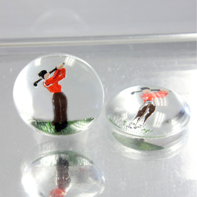 Glass Crystal Painting with Carved Intaglio Golfer - Round 18MM NATURAL on CRYSTAL