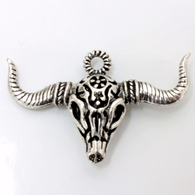 PendantBase Metal Hollow 1-Loop 46x2MM9MM Steer Skull ANTIQUE SILVER PLATED