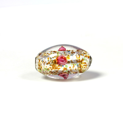 Czech Glass Lampwork Bead - Oval Smooth 20x12MM Flower ON CRYSTAL with  SILVER FOIL