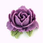 Plastic Carved No-Hole Flower - Rose 35MM MATTE Dark Purple with Olive Leaves