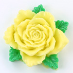 Plastic Carved No-Hole Flower - Rose with Leaves 35MM Yellow /Green Leaves