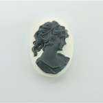 Plastic Cameo - Woman with Ponytail Oval 25x18MM BLACK ON WHITE