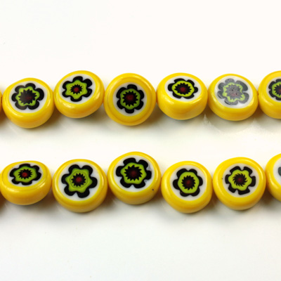 Glass Millefiori Bead - Flat Round 10x4MM YELLOW BLACK RED (17)