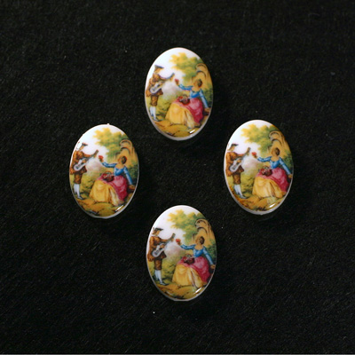 German Plastic Porcelain Decal Painting - Rococo (Scene 2) Oval 18x13MM ON CHALKWHITE BASE