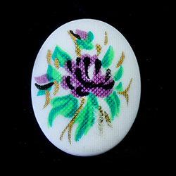 German Plastic Porcelain Decal Painting - PETIT POINT, Cross Stitch Look -Flower Oval 40x30MM PURPLE with Green and Gold  ON WHITE BASE