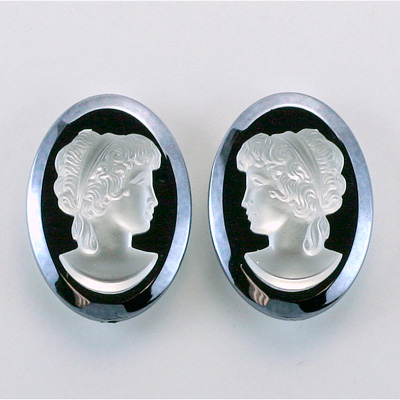 German Plastic Cameo - Woman Oval 25x18MM MATTE CRYSTAL ON HEMATITE
