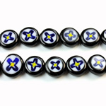 Glass Millefiori Bead - Flat Round 10x4MM BLACK WHITE BLUE YELLOW (39)