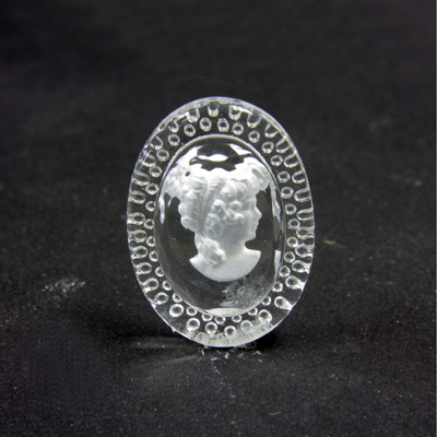 German Glass Flat Back Reverse Carved Intaglio Back Woman's Head - Oval 25x18MM MATTE CRYSTAL on CRYSTAL
