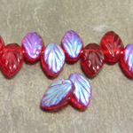Czech Pressed Glass Engraved Pendant - Leaf 11x7MM RUBY AB
