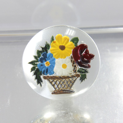 Glass Crystal Painting with Carved Intaglio Flower Basket Round 24MM  NATURAL on CRYSTAL
