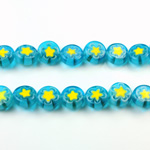 Glass Millefiori Bead - Flat Round 08x4MM AQUA WHITE YELLOW (13)