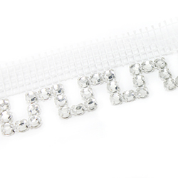 Rhinestone Banding with MC Chaton Rose in Metal Setting,  Zig Zag Pattern with Net One Edge - Round 19SS CRYSTAL-WHITE-SILVER