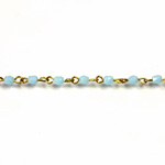 Linked Bead Chain Rosary Style with Glass Fire Polish Bead - Round 3MM LT BLUE TURQUOISE-Brass