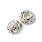 Rhinestone Bead with Large Hole Resin Base and Silver Plated Center - Round 14x9MM CRYSTAL AB on WHITE