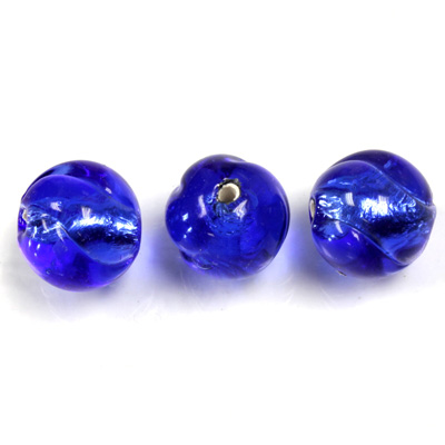 Czech Glass Lampwork Bead - Round Twist 12MM SAPPHIRE SILVER LINE 3005