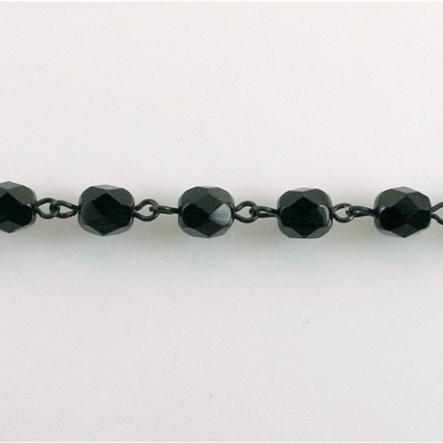 Linked Bead Chain Rosary Style with Glass Fire Polish Bead - Round 6MM JET-JET