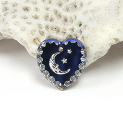 German Glass Engraved Flat Top Intaglio Pendant - MOON & STARS Heart 15x14MM CRYSTAL SILVER HELIO BLUE
