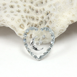 German Glass Engraved Flat Top Intaglio Pendant - MOON & STARS Heart 15x14MM SILVER on CRYSTAL
