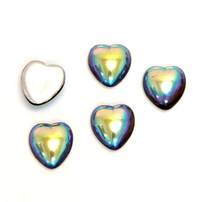 Glass Medium Dome Foiled Cabochon - Heart 10x9MM BLACK DIAMOND AB