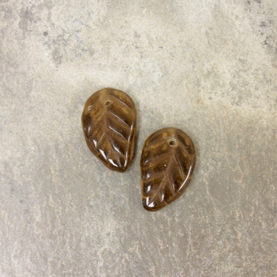 Czech Pressed Glass Engraved Pendant - Leaf 14x9MM SMOKE TOPAZ