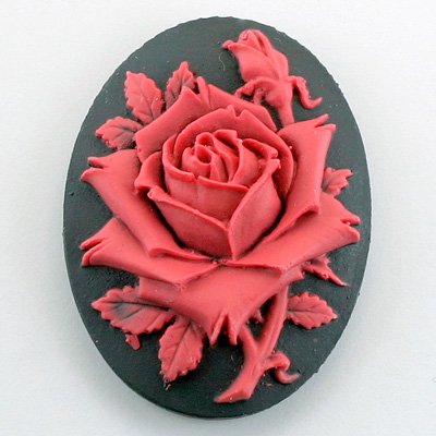 Plastic Cameo - Rose Flower Oval 40x30MM RED ON BLACK