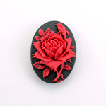 Plastic Cameo - Rose Flower Oval 25x18MM RED ON BLACK
