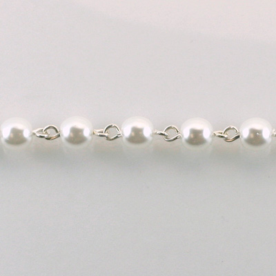 Linked Bead Chain Rosary Style with Glass Pearl Bead - Round 6MM WHITE-SILVER
