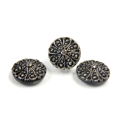 Glass Flat Back Engraved Button Top - Round Marcasite 13.5MM SILVER on JET