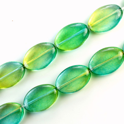 Czech Pressed Glass Bead - Flat Oval 16x11MM GREEN-YELLOW 69019