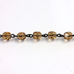 Linked Bead Chain Rosary Style with Glass Fire Polish Bead - Round 6MM SMOKE TOPAZ-JET