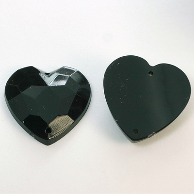 Plastic Flat Back Faceted 2-Hole Opaque Sew-On Stone - Heart 25MM JET