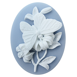 Plastic Cameo - Butterfly Oval 40x30MM WHITE ON BLUE