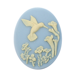 Plastic Cameo - HuMMingbird with Flowers Oval 40x30MM IVORY on VINTAGE BLUE