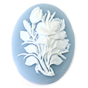Plastic Cameo - Flower, Rose Oval 40x30MM WHITE ON BLUE